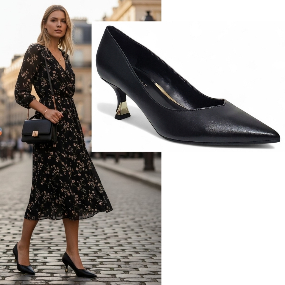 New Nine West Andes kitten heel dress pumps black faux leather career academia - Picture 2 of 13